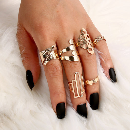 Leaf Crown Geometric Articulation Rings 6 Piece Combination Rings