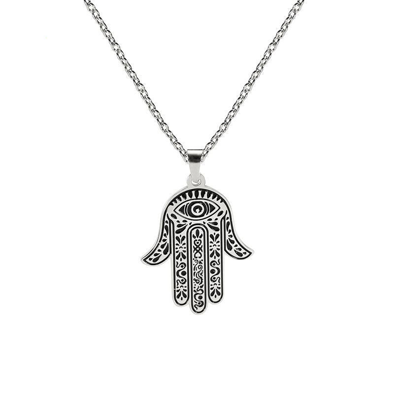 Hand of Fatima Evil Eye Stainless Steel Pendant Men's Necklace