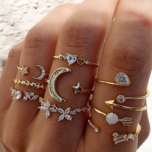 Female With Hearts Butterfly Star Moon Diamond Combination Set Rings