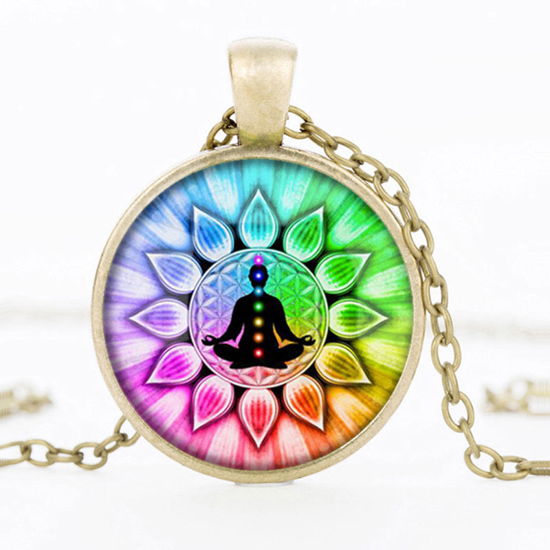 Yoga Chakra Mandala Glass Necklace Hinduism Buddhism Zen Jewelry