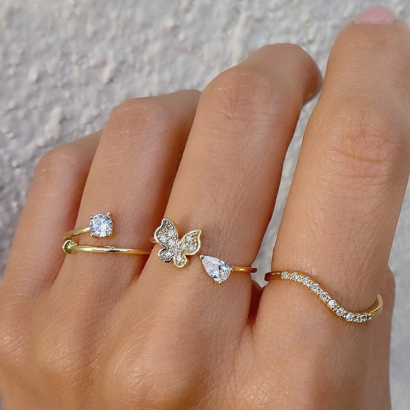 Female With Hearts Butterfly Star Moon Diamond Combination Set Rings