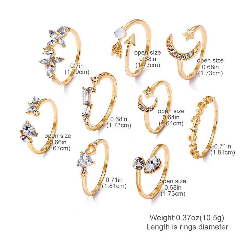 Female With Hearts Butterfly Star Moon Diamond Combination Set Rings