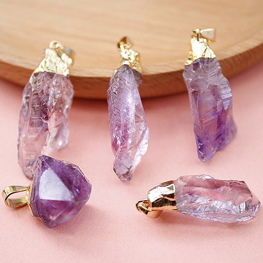 Geometric Natural Amethyst Pendant Electroplated Necklace