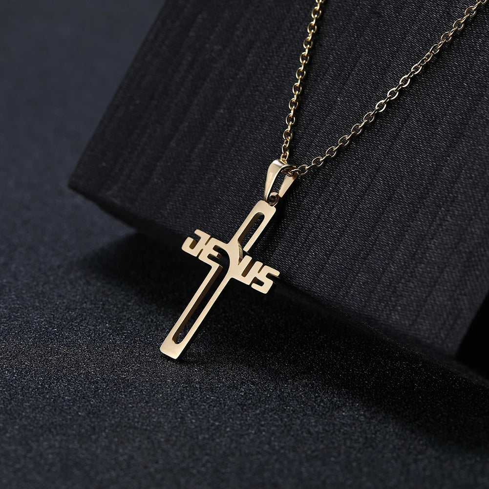 Jesus Cross Hollow Pendant Necklaces Stainless Steel