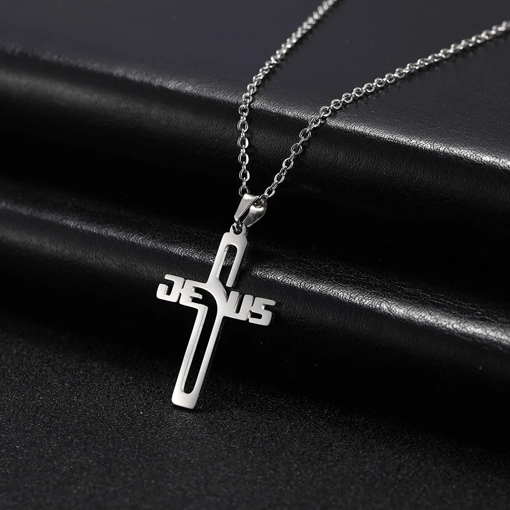 Jesus Cross Hollow Pendant Necklaces Stainless Steel