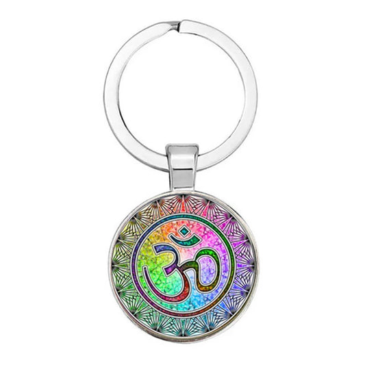 Fashion Jewelry Indian Sanskrit Om Symbol Keyring Ohm Om Aum Buddha Lotus Silver Plated Flower Of Life Mandala Art Glass Ring