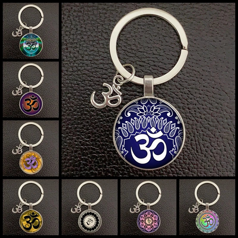 Creative Vintage Glass Dome Keychain Buddhist Chakra Keychain Jewelry Om Indian Yoga Mandala