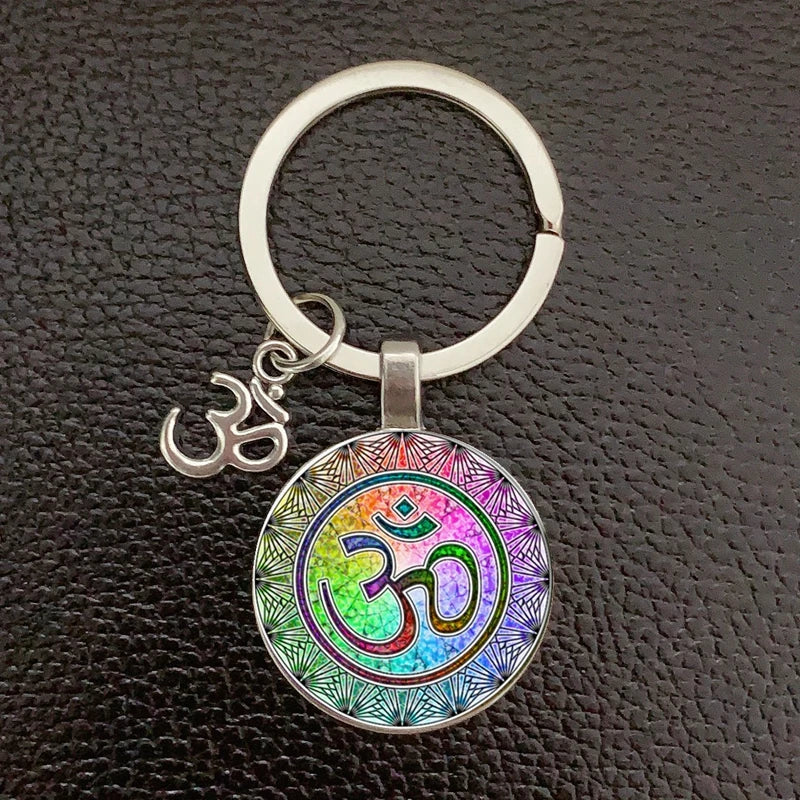 Creative Vintage Glass Dome Keychain Buddhist Chakra Keychain Jewelry Om Indian Yoga Mandala