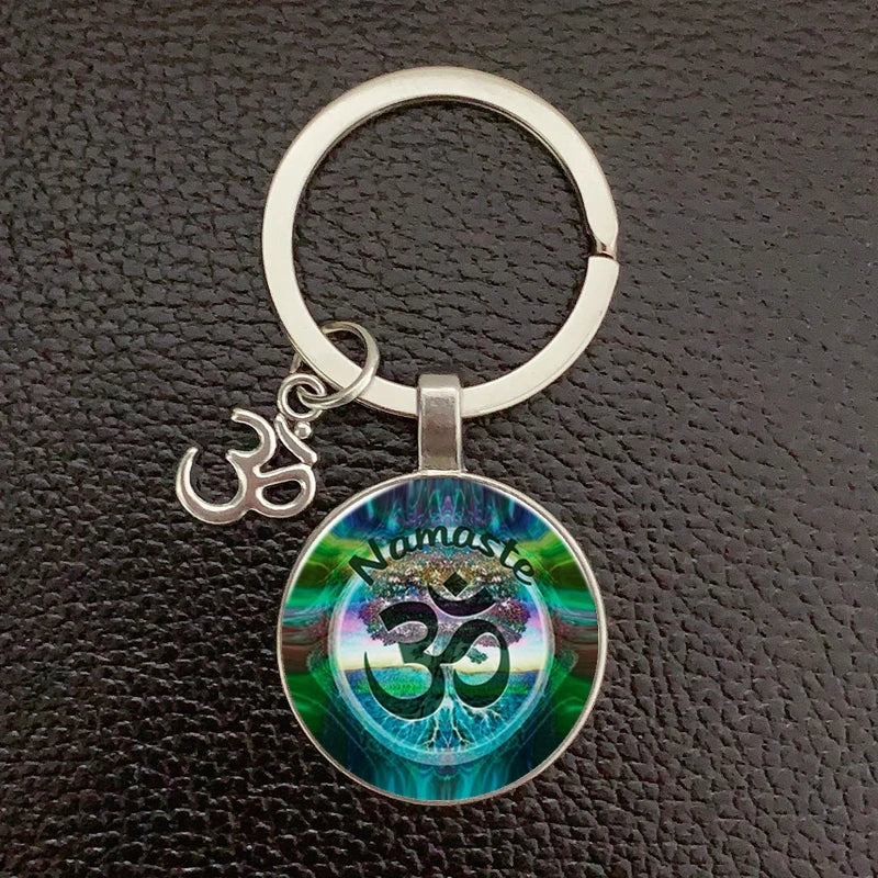 Creative Vintage Glass Dome Keychain Buddhist Chakra Keychain Jewelry Om Indian Yoga Mandala