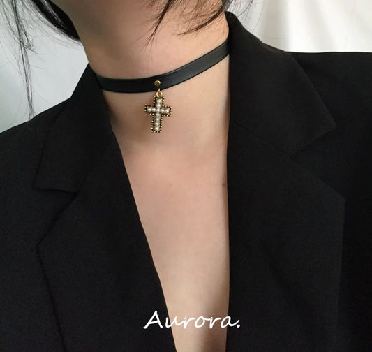 Salt Sweet Original Cross Punk PU Leather Choker Dark Kooky Style Collar Pearl All-Match Neck Band