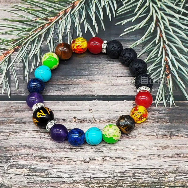 Chakra Stone Beaded Colorful Volcanic Stone Bracelet Men and Women