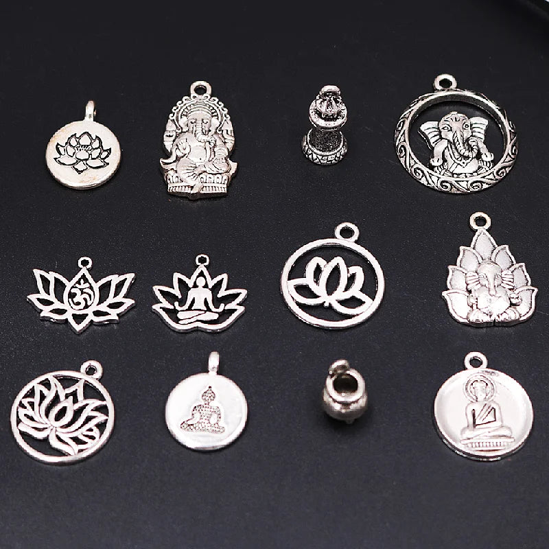 Vintage Silver Plated Buddhist Lotus Bodhisattva Pagoda Ganesha Pendant DIY Charm Bracelet Necklace Jewelry Crafts