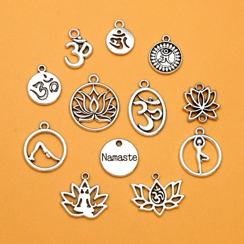 30pcs/lots Vintage Yoga Lotus OM Buddha Charms Namaste Pendants For Diy Jewelry Making Supplies Accessories Wholesale Bulk Items