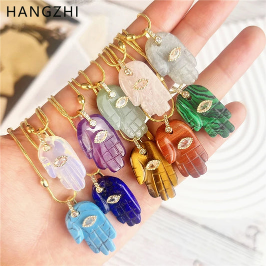 HangZhi Vintage Natural Stone Hand Palm Lucky Eye Pendant Necklace Minimalist Rhinestone