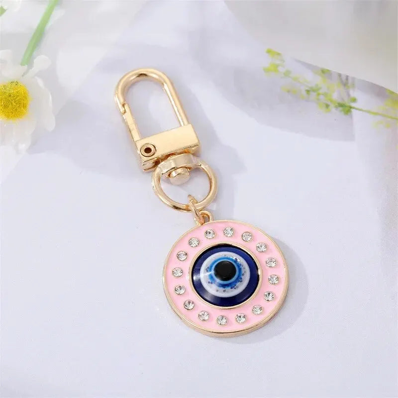 2PCS Round Evil Eye Keychain Key Ring For Friends Couples Boho Blue Eye Bag Car Earphone Case Key Phone Charm Accessories