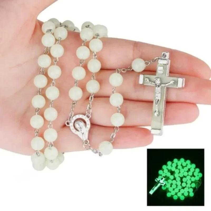 Glow In The Dark Christian Rosary Necklaces Luminous Christian Catholic Cross Rosary Faith Jewelry