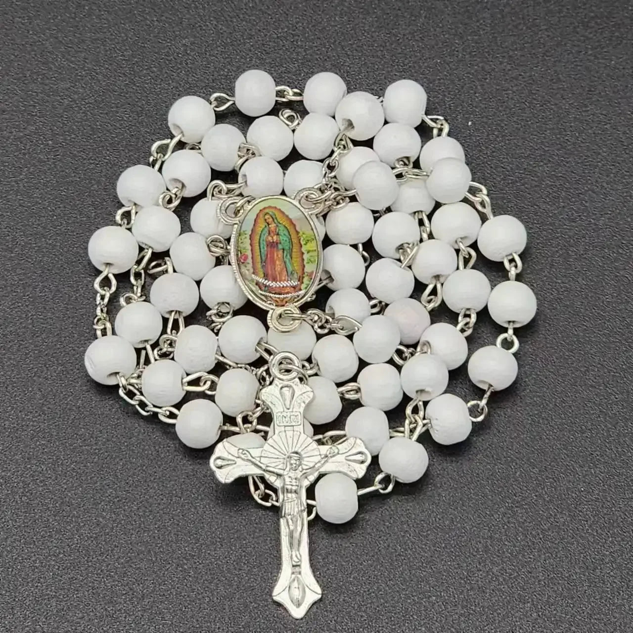 White Wooden Rosary Necklace For Women Cross Pendant