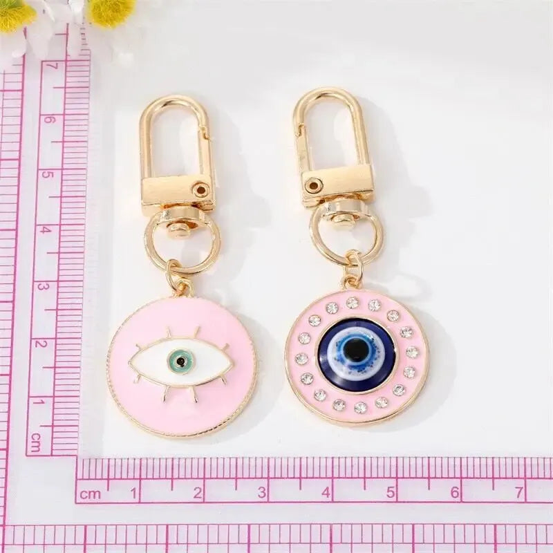 2PCS Round Evil Eye Keychain Key Ring For Friends Couples Boho Blue Eye Bag Car Earphone Case Key Phone Charm Accessories