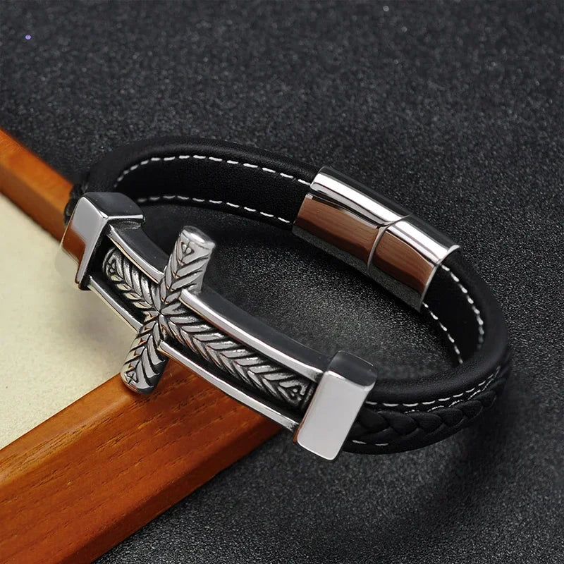 Stainless Steel Religious Bangles for Men and Women, Charm Leather Bracelet, Vintage Cross, Hip Hop, High Quality, Jewelry Gifts