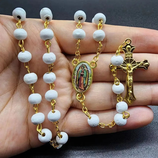 White Wooden Rosary Necklace For Women Cross Pendant