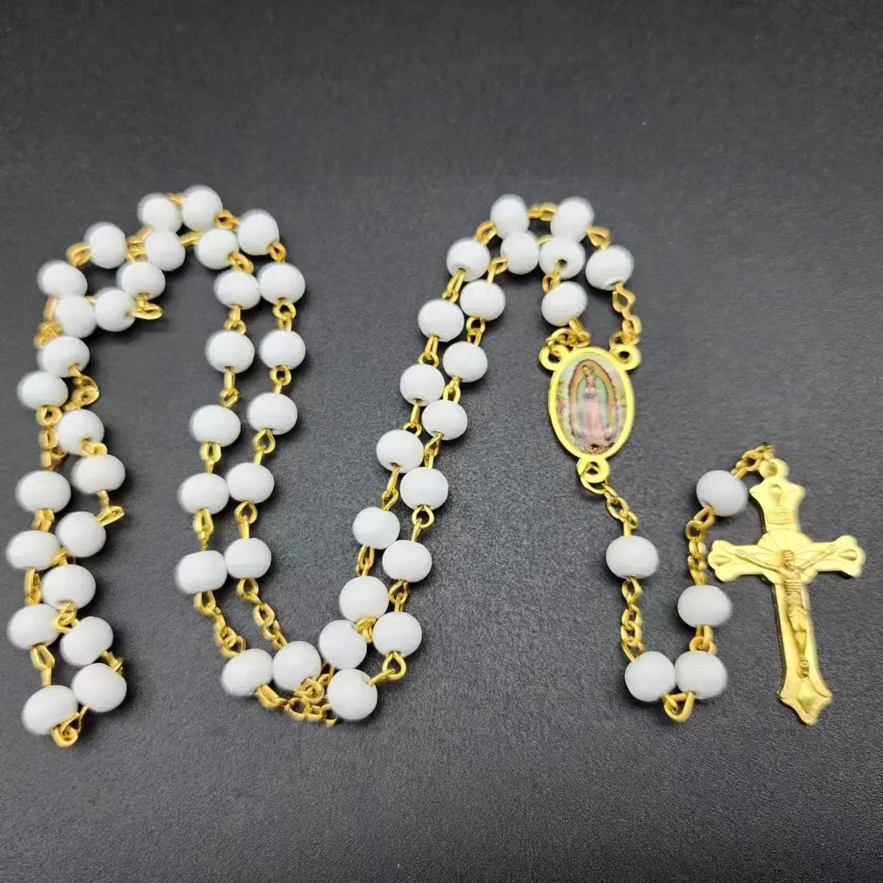 White Wooden Rosary Necklace For Women Cross Pendant