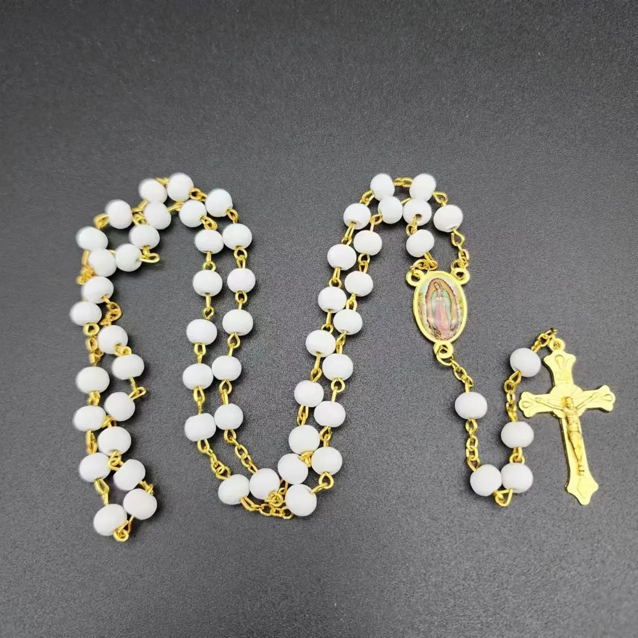 White Wooden Rosary Necklace For Women Cross Pendant