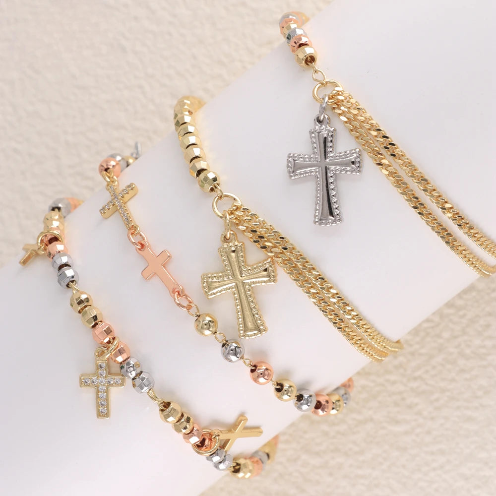 Luck Jewelry Wholesale Religious Catholic Rosary Three Color Cross Pendant Bracelet Suitable for Women Holiday Gifts