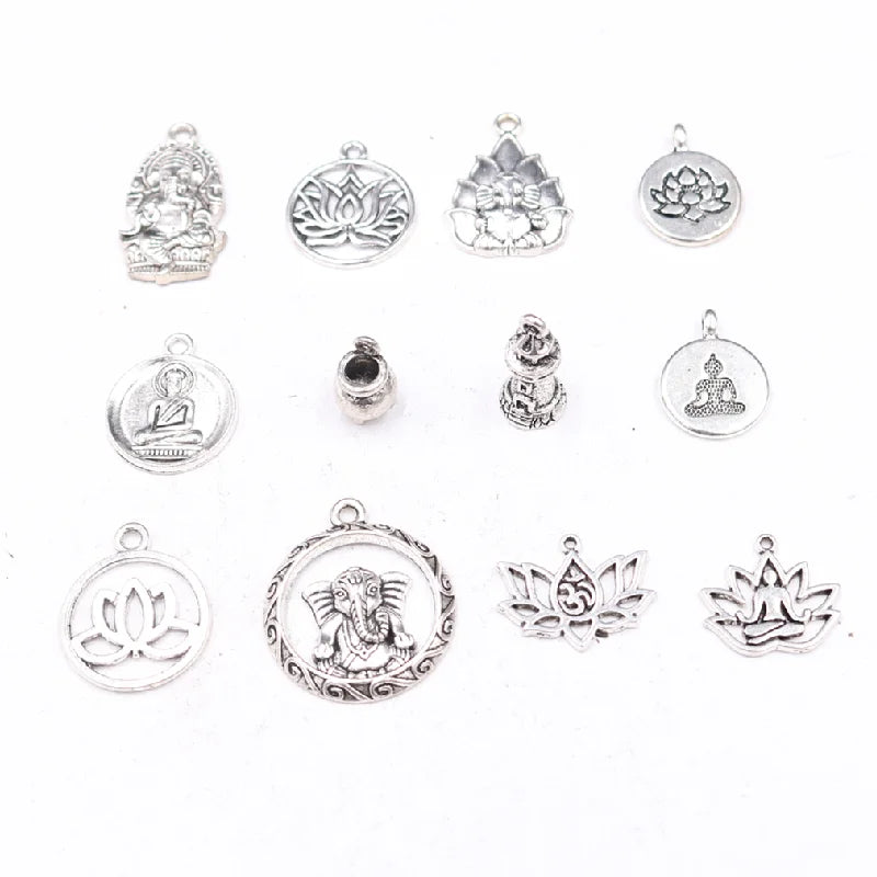 Vintage Silver Plated Buddhist Lotus Bodhisattva Pagoda Ganesha Pendant DIY Charm Bracelet Necklace Jewelry Crafts