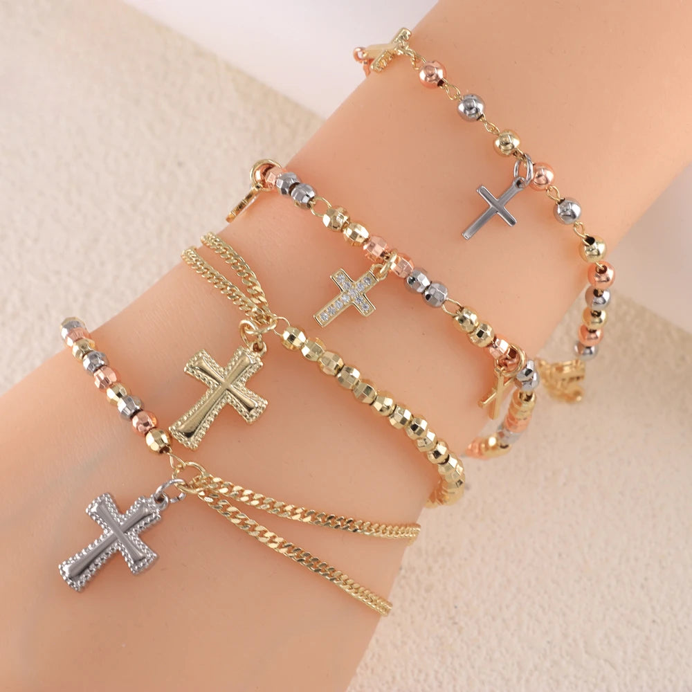 Luck Jewelry Wholesale Religious Catholic Rosary Three Color Cross Pendant Bracelet Suitable for Women Holiday Gifts