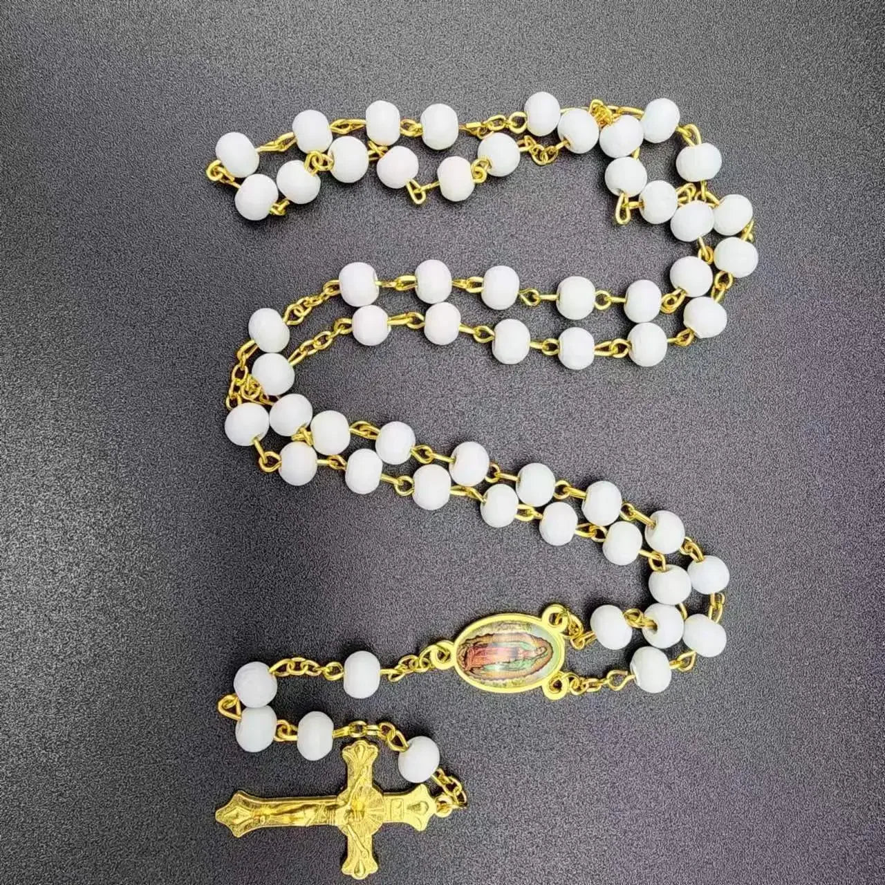 White Wooden Rosary Necklace For Women Cross Pendant