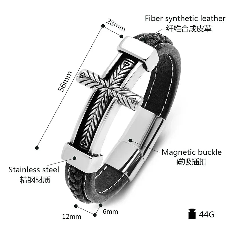 Stainless Steel Religious Bangles for Men and Women, Charm Leather Bracelet, Vintage Cross, Hip Hop, High Quality, Jewelry Gifts