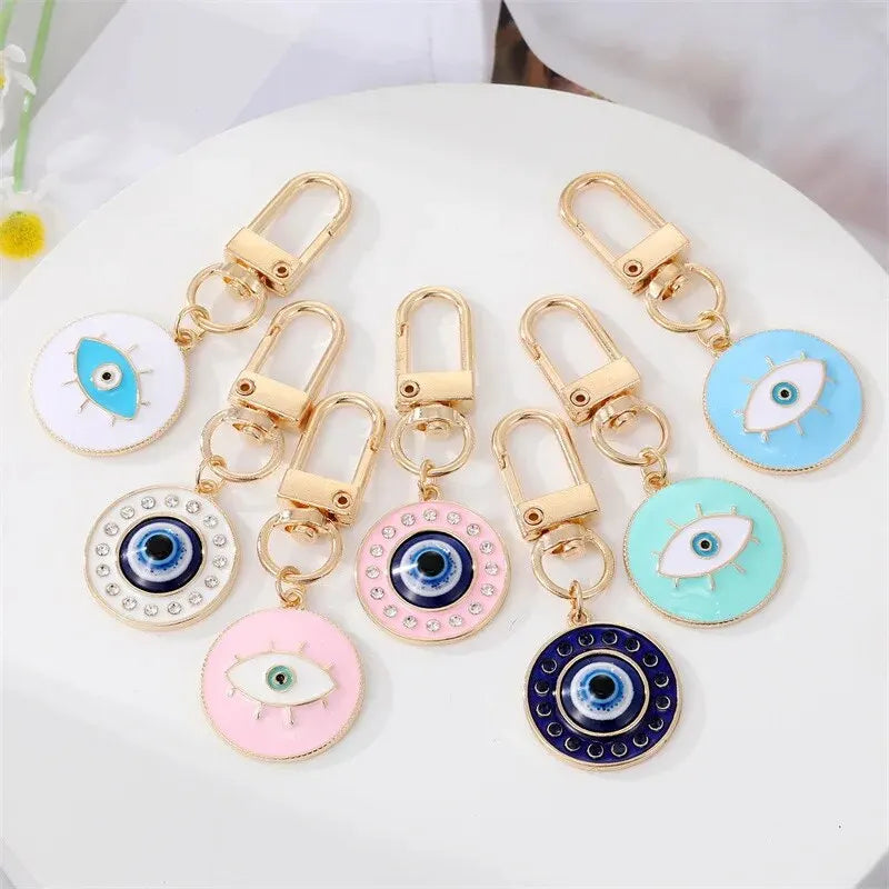 2PCS Round Evil Eye Keychain Key Ring For Friends Couples Boho Blue Eye Bag Car Earphone Case Key Phone Charm Accessories