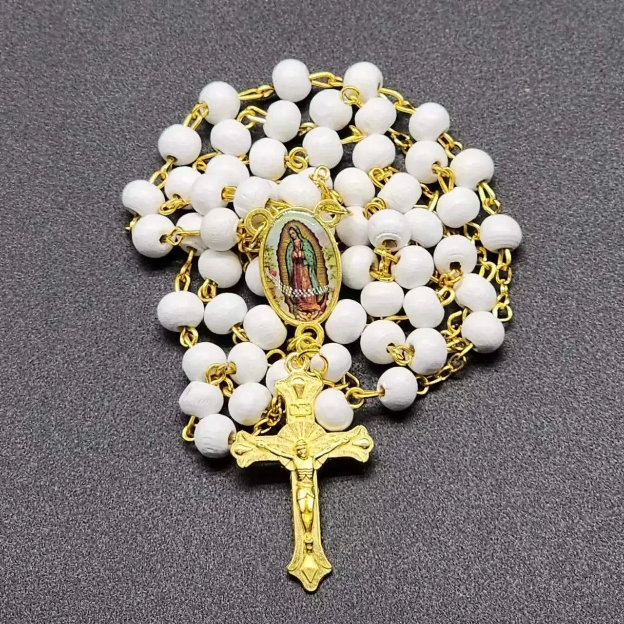 White Wooden Rosary Necklace For Women Cross Pendant