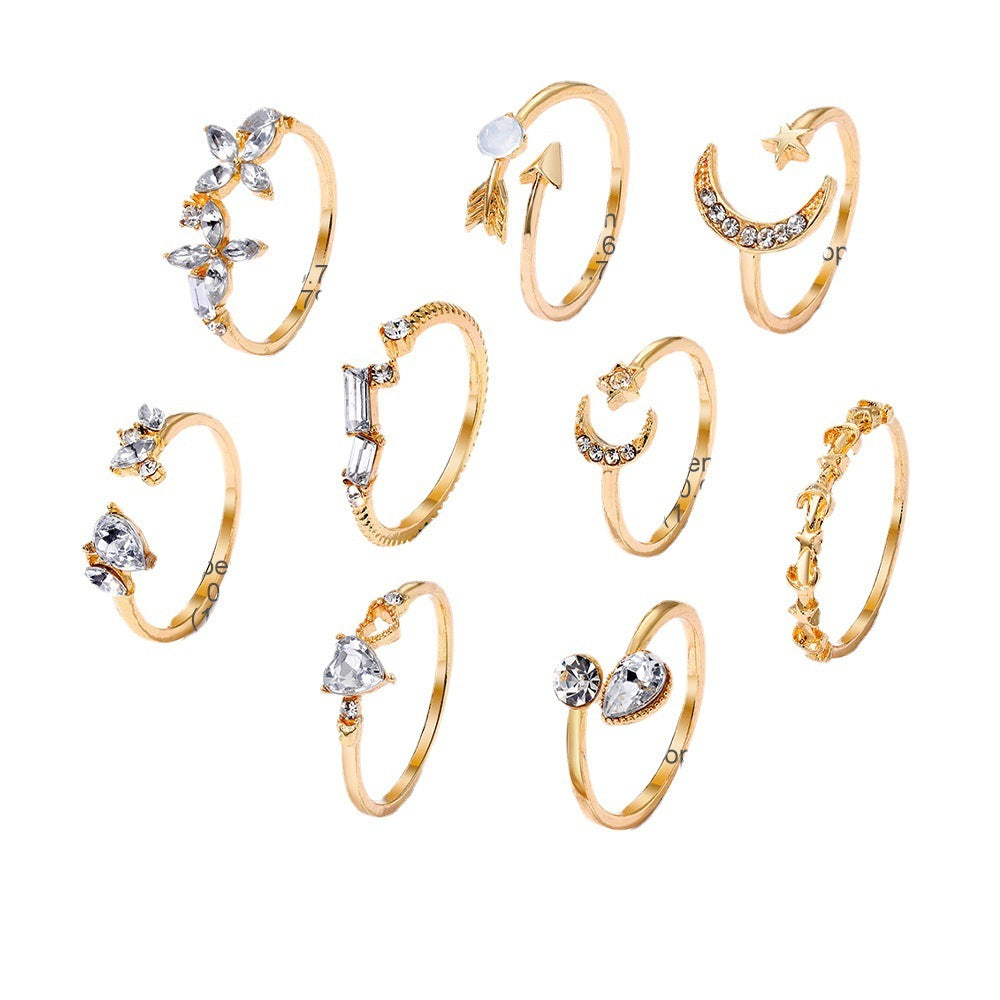 Female With Hearts Butterfly Star Moon Diamond Combination Set Rings