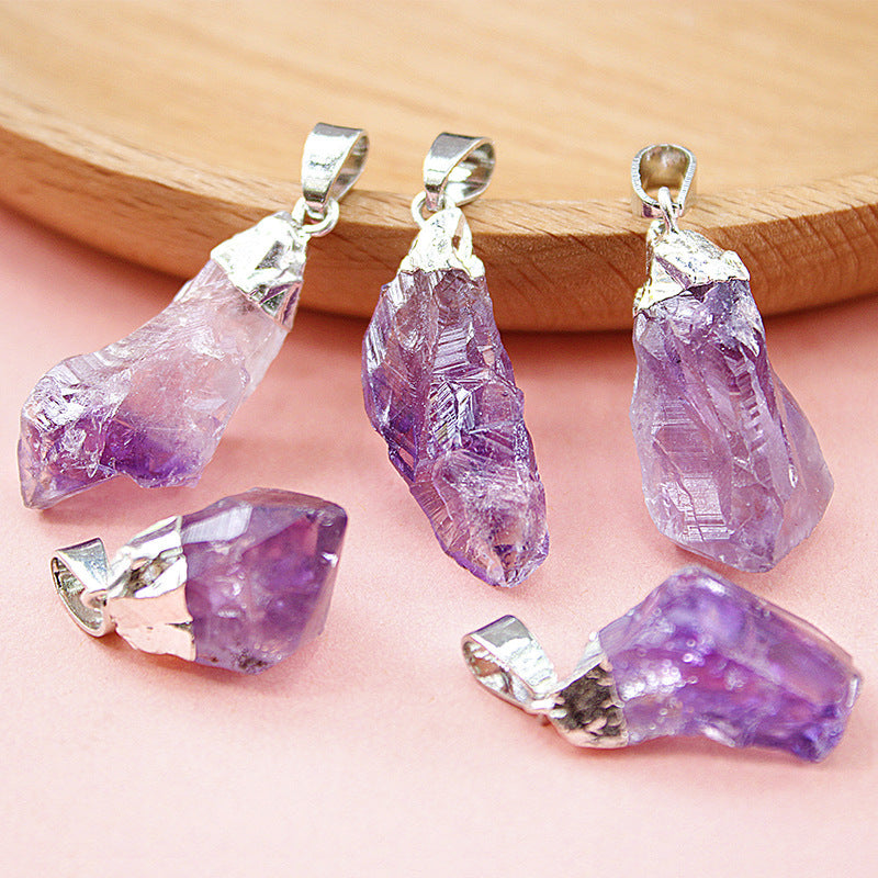 Geometric Natural Amethyst Pendant Electroplated Necklace